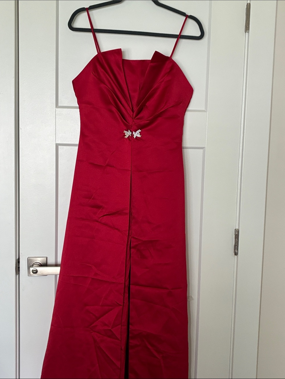CDC Red Satin Prom Dress with Rhinestone Accent